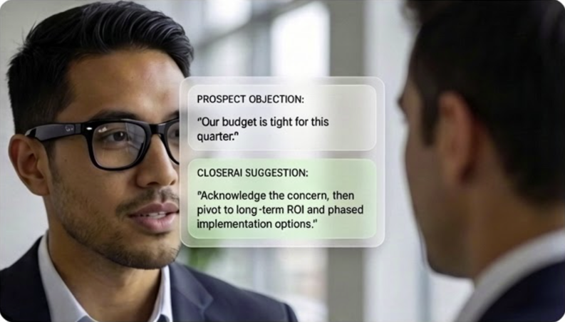 Sales professional wearing smart glasses in a meeting