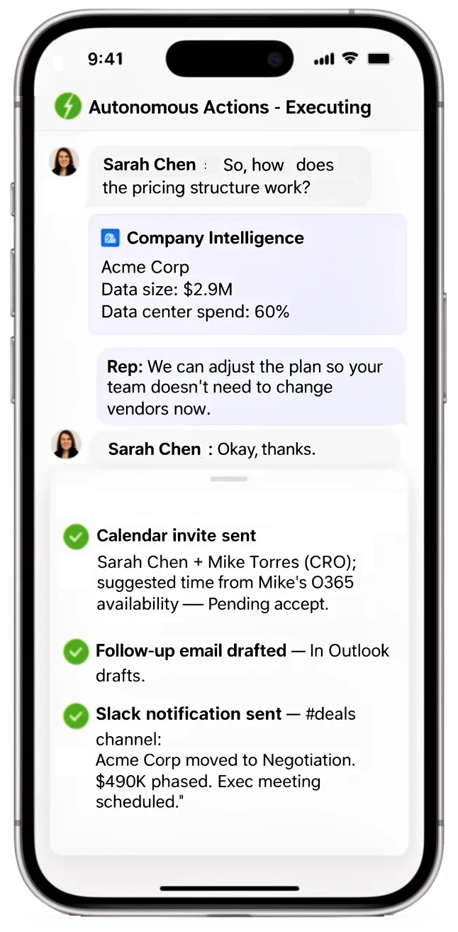 CloserAI live coaching session with real-time Company Intelligence, calendar invite, follow-up email, and Slack notification